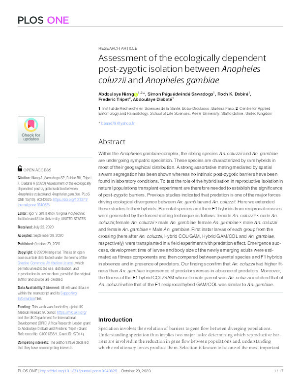 Assessment of the ecologically dependent post-zygotic isolation between Anopheles coluzzii and Anopheles gambiae. Thumbnail