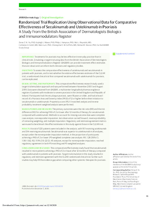 Randomized Trial Replication Using Observational Data for Comparative Effectiveness of Secukinumab and Ustekinumab in Psoriasis: A Study From the British Association of Dermatologists Biologics and Immunomodulators Register. Thumbnail