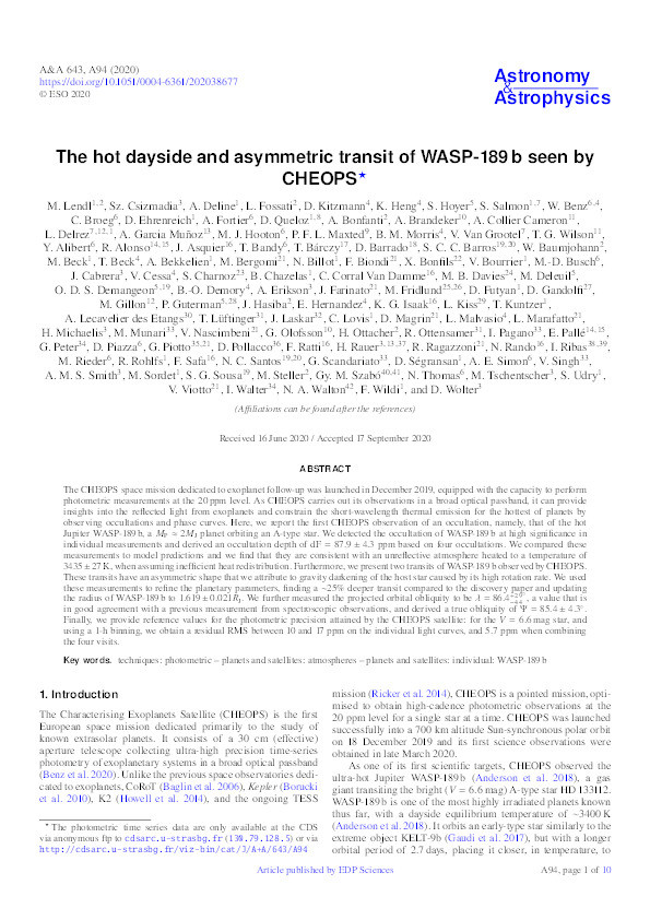 The hot dayside and asymmetric transit of WASP-189 b seen by CHEOPS Thumbnail