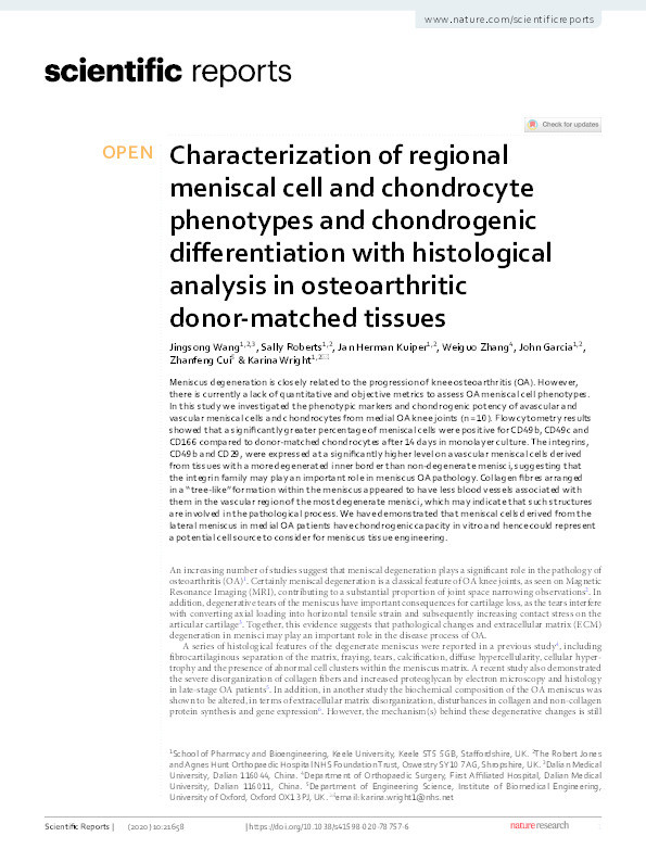 Characterization of regional meniscal cell and chondrocyte phenotypes and chondrogenic differentiation with histological analysis in osteoarthritic donor-matched tissues Thumbnail