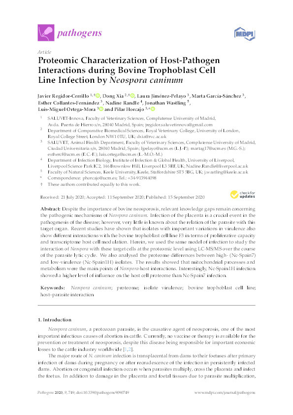 Proteomic Characterization of Host-Pathogen Interactions during Bovine Trophoblast Cell Line Infection by Neospora caninum. Thumbnail