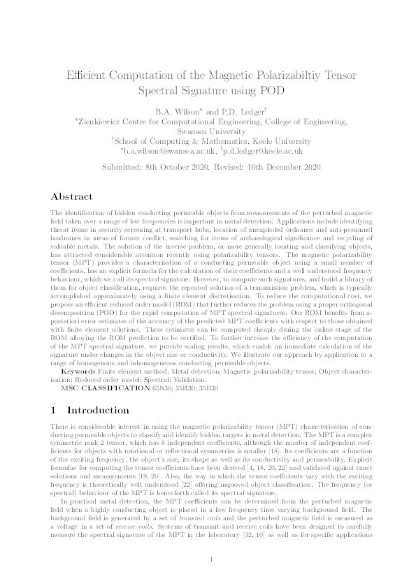 Efficient Computation of the Magnetic Polarizabiltiy Tensor Spectral Signature using POD Thumbnail