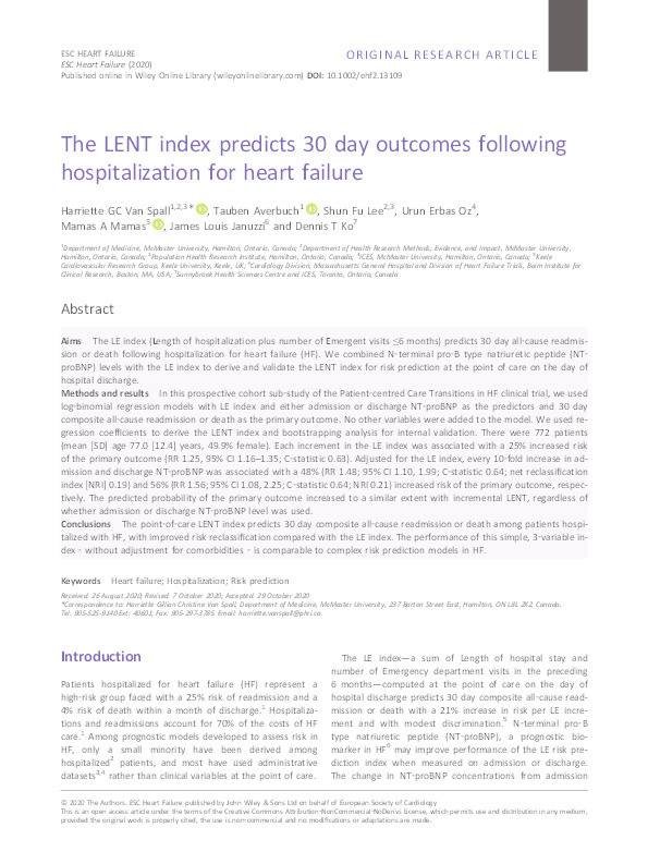 The LENT index predicts 30 day outcomes following hospitalization for heart failure Thumbnail