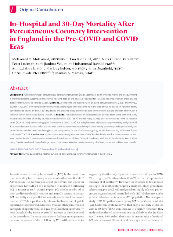 In-Hospital and 30-Day Mortality After Percutaneous Coronary Intervention in England in the Pre-COVID and COVID Eras Thumbnail