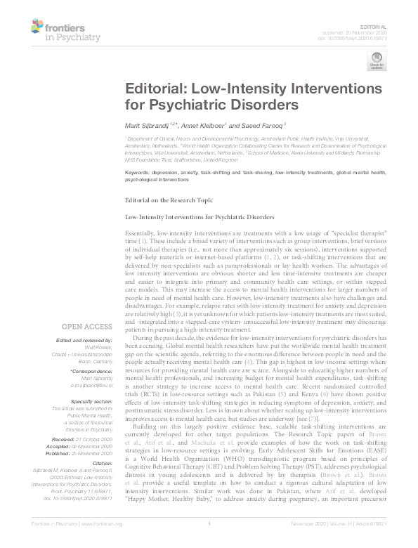 Editorial: Low-Intensity Interventions for Psychiatric Disorders. Thumbnail