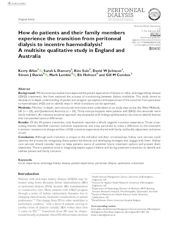 How do patients and their family members experience the transition from peritoneal dialysis to incentre haemodialysis? A multisite qualitative study in England and Australia. Thumbnail