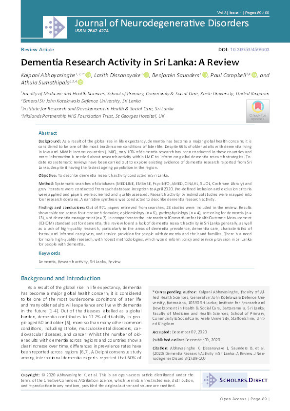 Dementia Research Activity in Sri Lanka: A Review Thumbnail