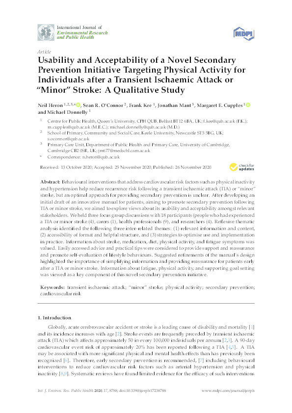Usability and Acceptability of a Novel Secondary Prevention Initiative Targeting Physical Activity for Individuals after a Transient Ischaemic Attack or "Minor" Stroke: A Qualitative Study. Thumbnail
