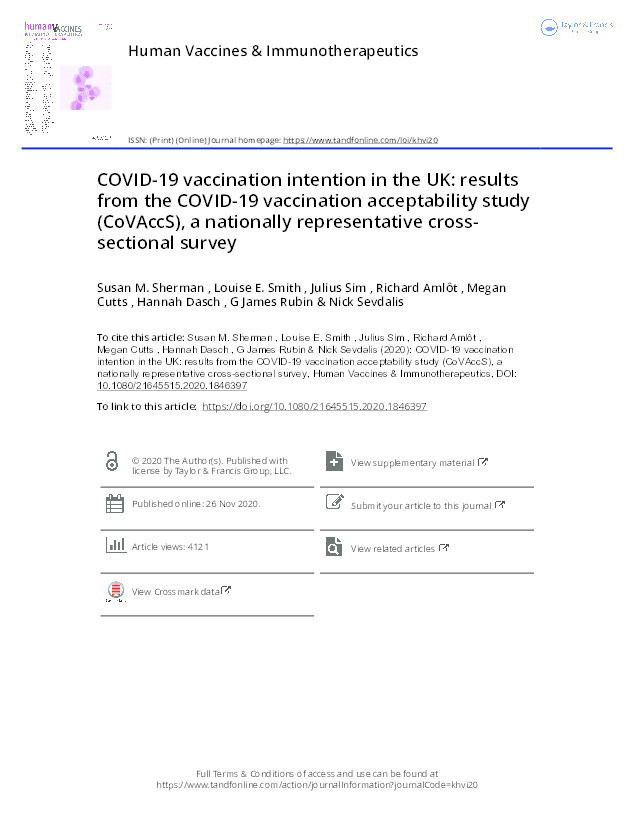 COVID-19 vaccination intention in the UK: Results from the COVID-19 Vaccination Acceptability Study (CoVAccS), a nationally representative cross-sectional survey Thumbnail