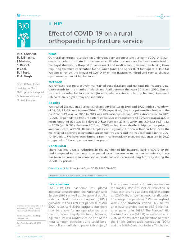 Effect of COVID-19 on a rural orthopaedic hip fracture service. Thumbnail
