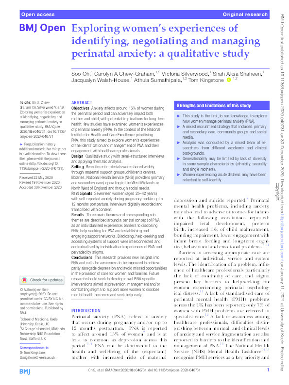 Exploring women's experiences of identifying, negotiating and managing perinatal anxiety: a qualitative study Thumbnail