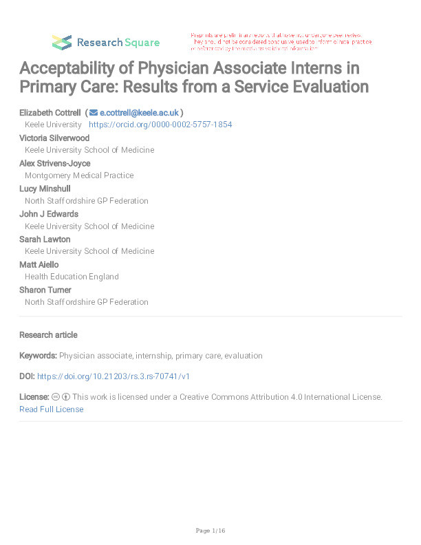 Acceptability of Physician Associate Interns in Primary Care: Results from a Service Evaluation Thumbnail