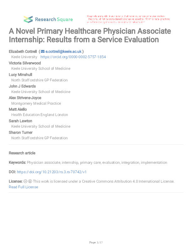 A Novel Primary Healthcare Physician Associate Internship: Results from a Service Evaluation Thumbnail
