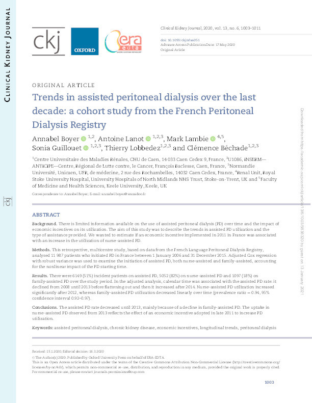 Trends in assisted peritoneal dialysis over the last decade: a cohort study from the French Peritoneal Dialysis Registry. Thumbnail