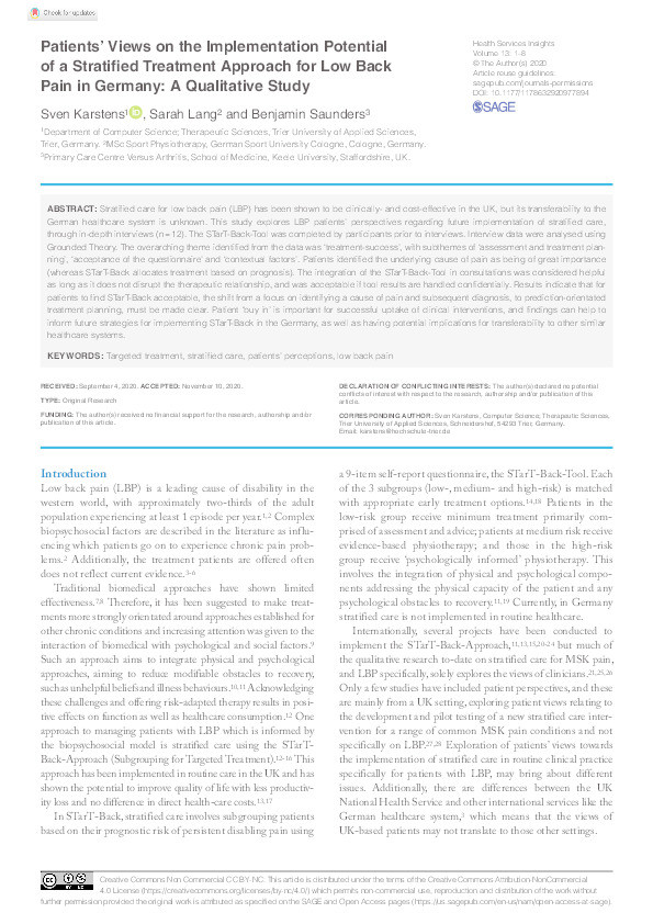 Patients' Views on the Implementation Potential of a Stratified Treatment Approach for Low Back Pain in Germany: A Qualitative Study. Thumbnail