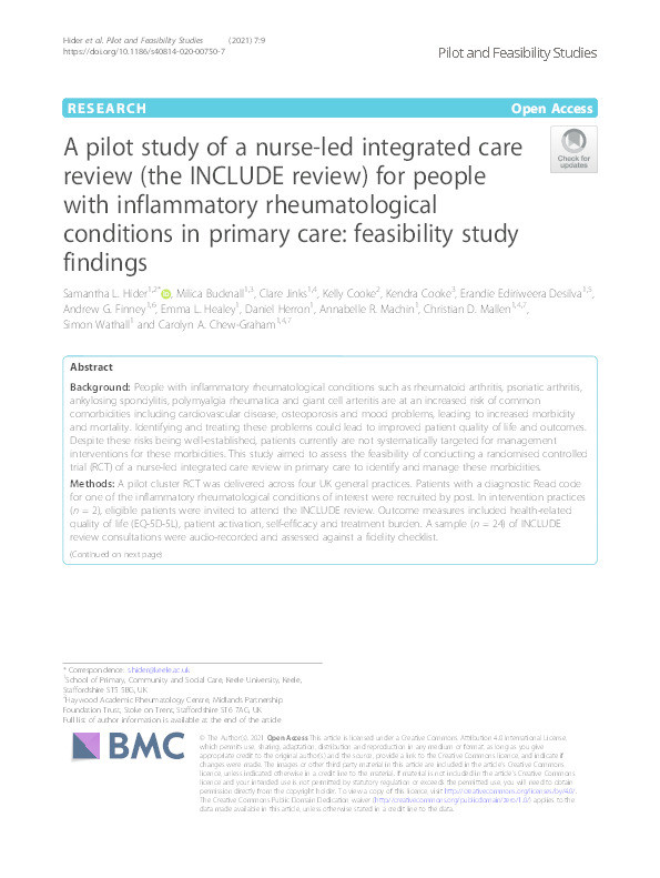 A pilot study of a nurse-led integrated care review (the INCLUDE review) for people with inflammatory rheumatological conditions in primary care: feasibility study findings. Thumbnail