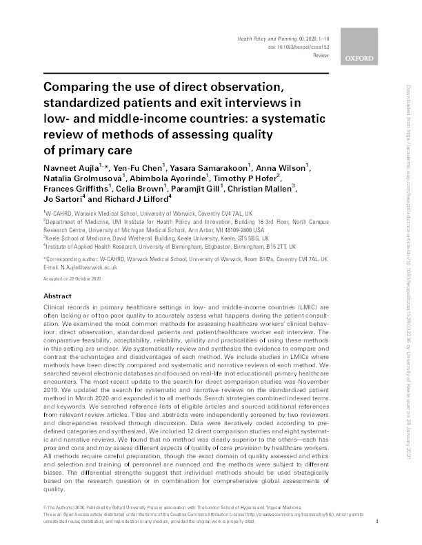 Comparing the use of direct observation, standardized patients and exit interviews in low- and middle-income countries: a systematic review of methods of assessing quality of primary care. Thumbnail