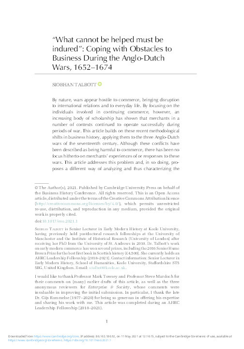 ‘What cannot be helped must be indured’: Coping with obstacles to business during the Anglo-Dutch Wars, 1652-1674 Thumbnail