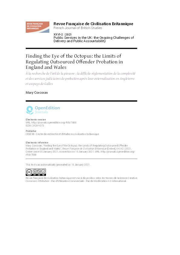 Finding the Eye of the Octopus: the Limits of Regulating Outsourced Offender Probation in England and Wales Thumbnail