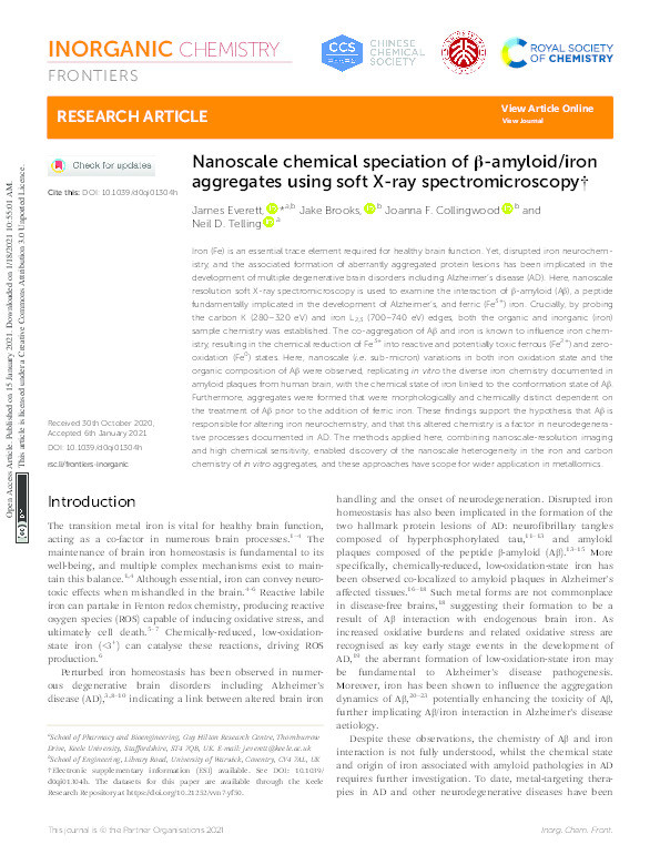 Nanoscale chemical speciation of ß-amyloid/iron aggregates using soft x-ray spectromicroscopy Thumbnail