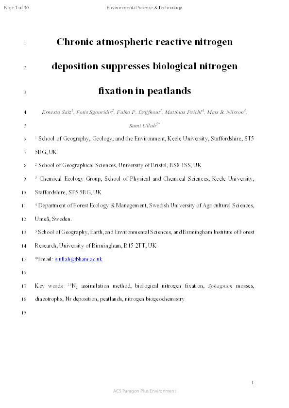 Chronic Atmospheric Reactive Nitrogen Deposition Suppresses Biological Nitrogen Fixation in Peatlands. Thumbnail