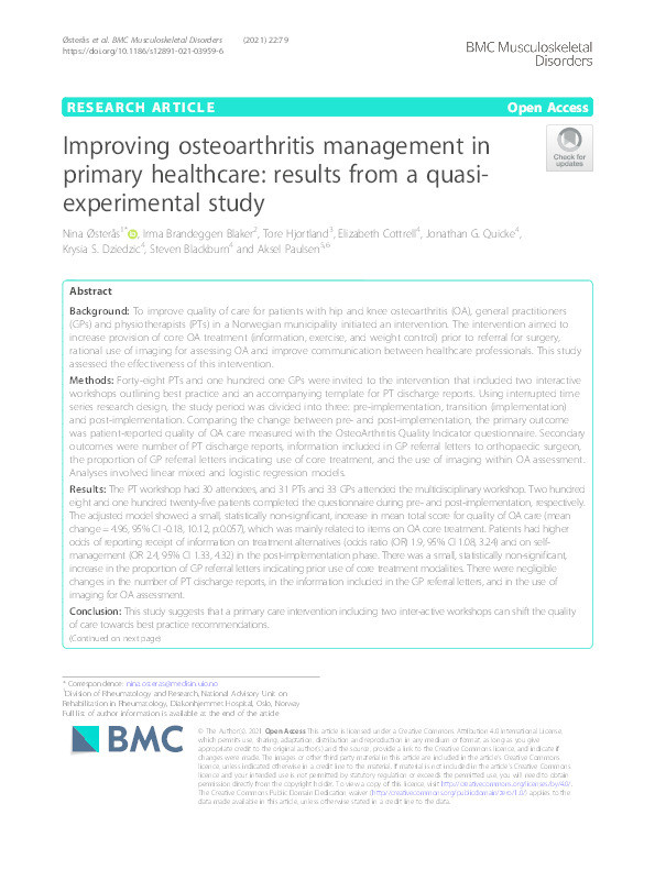 Improving osteoarthritis management in primary healthcare: results from a quasi-experimental study Thumbnail