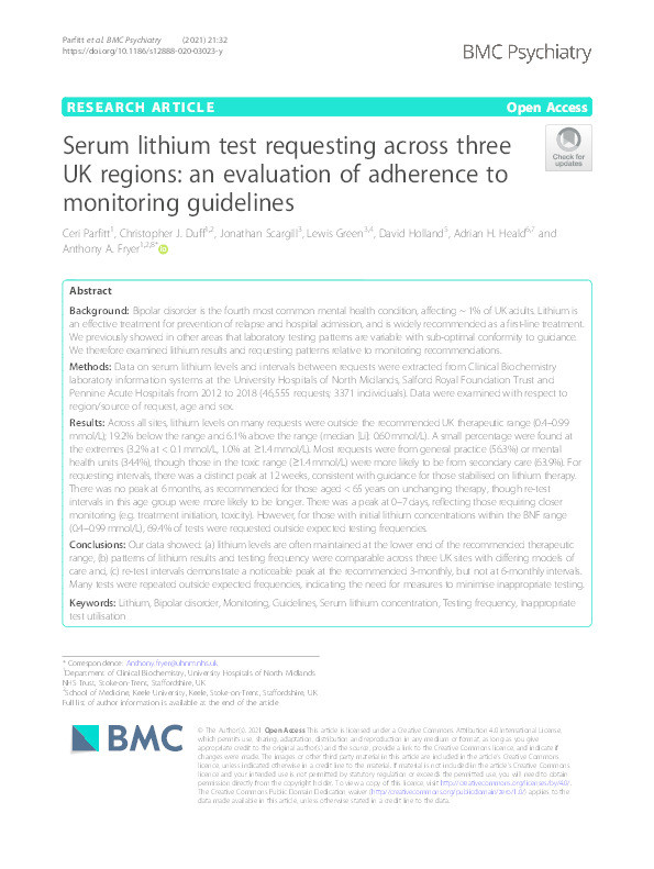 Serum lithium test requesting across three UK regions: an evaluation of adherence to monitoring guidelines. Thumbnail