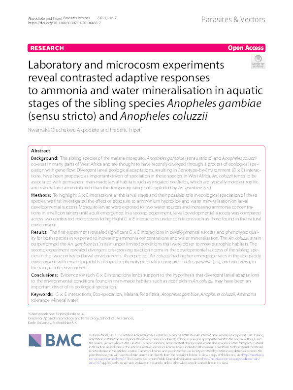 Laboratory and microcosm experiments reveal contrasted adaptive responses to ammonia and water mineralisation in aquatic stages of the sibling species Anopheles gambiae (sensu stricto) and Anopheles coluzzii. Thumbnail
