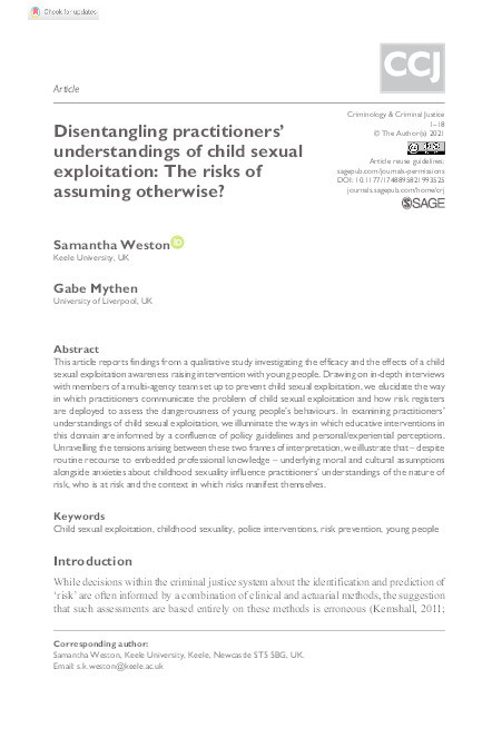 Disentangling Practitioners’ Understandings of Child Sexual Exploitation: The Risks of Assuming Otherwise? Thumbnail