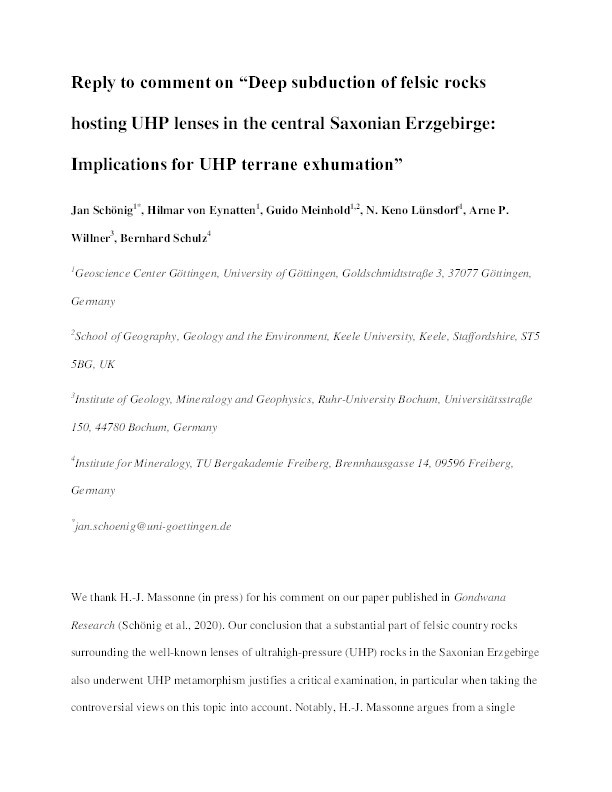 Reply to comment on “Deep subduction of felsic rocks hosting UHP lenses in the central Saxonian Erzgebirge: Implications for UHP terrane exhumation” Thumbnail