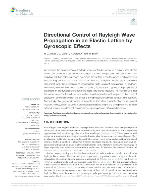 Directional Control of Rayleigh Wave Propagation in an Elastic Lattice by Gyroscopic Effects Thumbnail