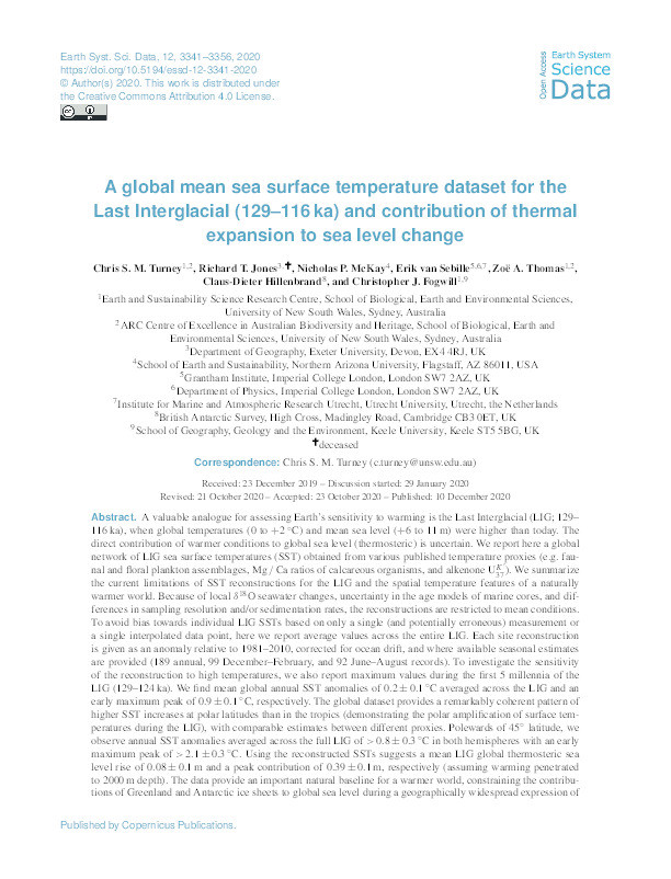 A global mean sea surface temperature dataset for the Last Interglacial (129–116?ka) and contribution of thermal expansion to sea level change Thumbnail
