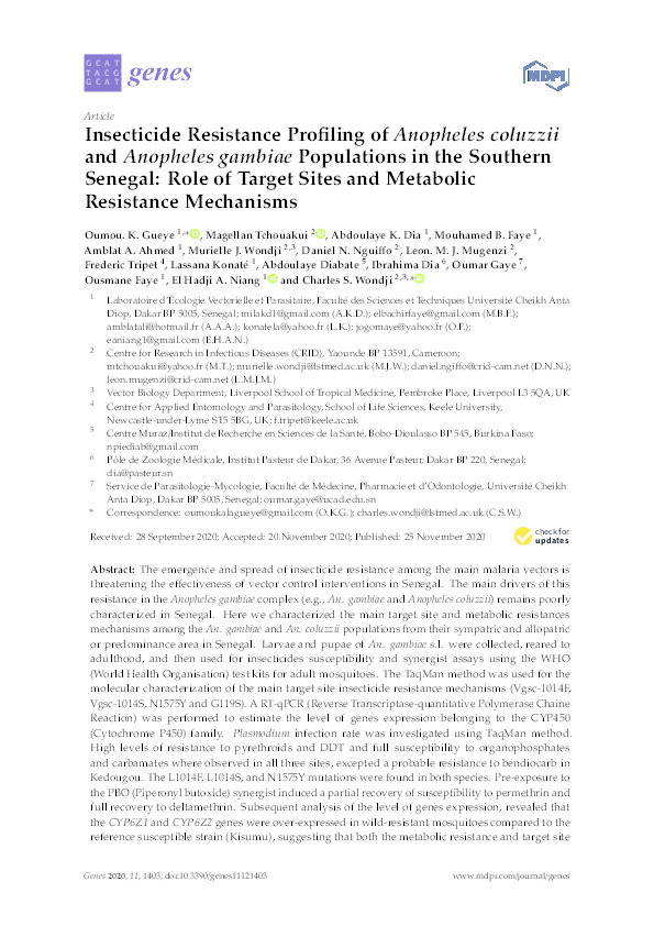 Insecticide Resistance Profiling of Anopheles coluzzii and Anopheles gambiae Populations in the Southern Senegal: Role of Target Sites and Metabolic Resistance Mechanisms. Thumbnail