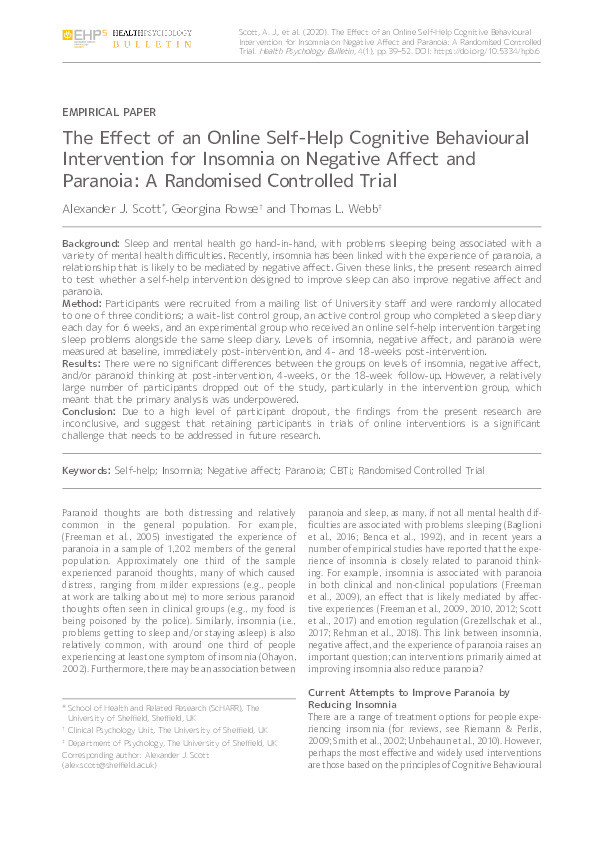 The Effect of an Online Self-Help Cognitive Behavioural Intervention for Insomnia on Negative Affect and Paranoia: A Randomised Controlled Trial Thumbnail