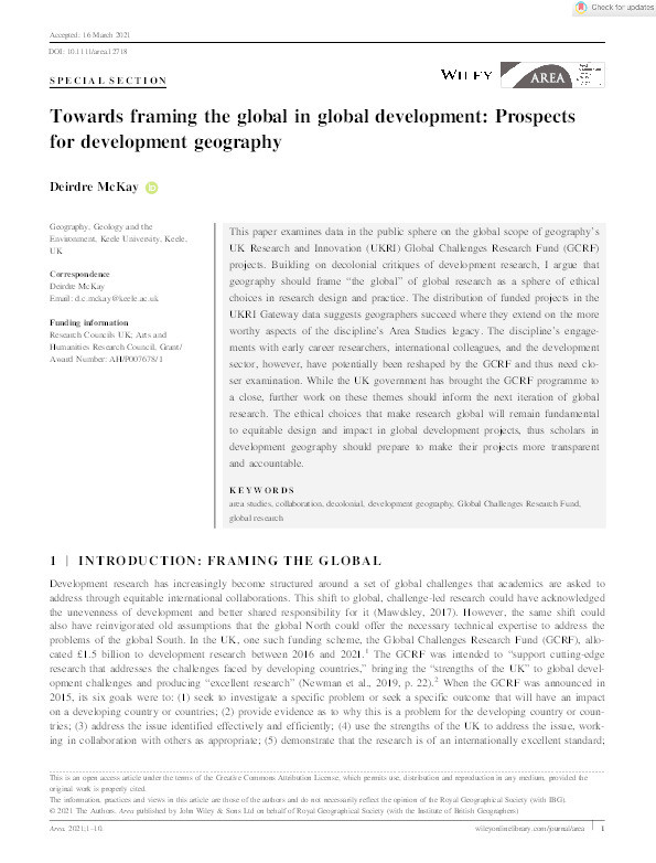 Towards framing the global in Global Development: prospects for development geography Thumbnail