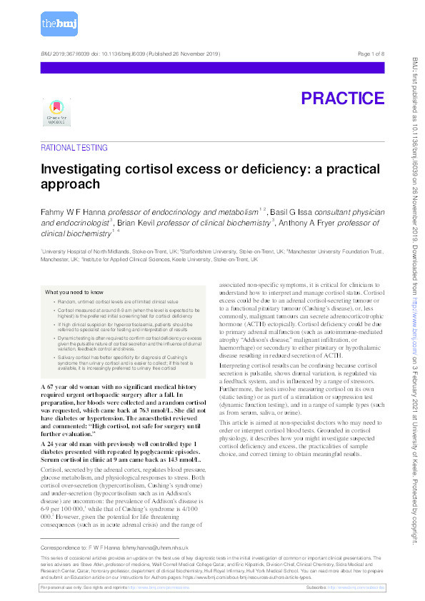 Investigating cortisol excess or deficiency: a practical approach. Thumbnail