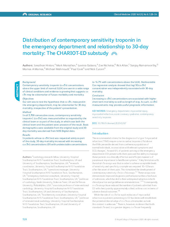 Distribution of contemporary sensitivity troponin in the emergency department and relationship to 30-day mortality: The CHARIOT-ED substudy. Thumbnail