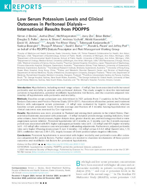Low Serum Potassium Levels and Clinical Outcomes in Peritoneal Dialysis—International Results from PDOPPS Thumbnail