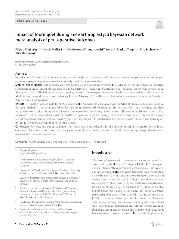 Impact of tourniquet during knee arthroplasty: a bayesian network meta-analysis of peri-operative outcomes. Thumbnail