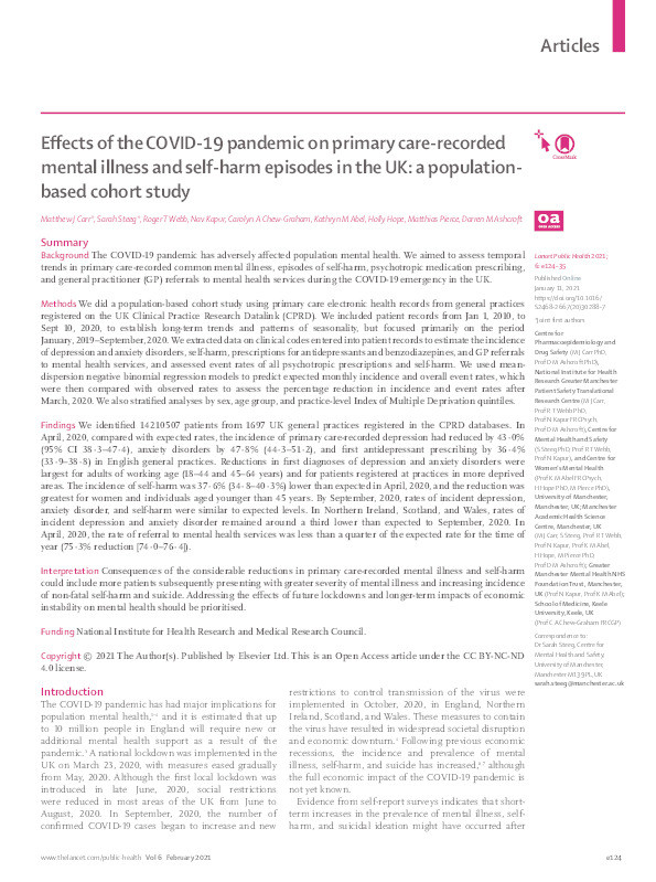 Effects of the COVID-19 pandemic on primary care-recorded mental illness and self-harm episodes in the UK: a population-based cohort study Thumbnail