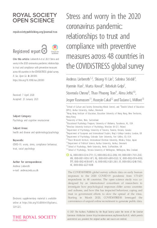 Stress and worry in the 2020 coronavirus pandemic: relationships to trust and compliance with preventive measures across 48 countries in the COVIDiSTRESS global survey Thumbnail