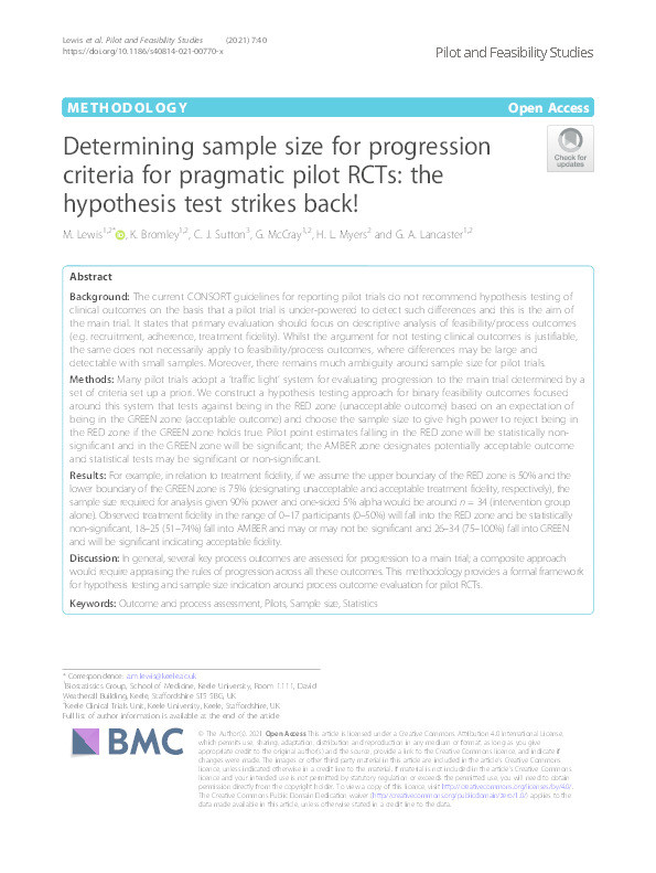 Determining sample size for progression criteria for pragmatic pilot RCTs: the hypothesis test strikes back! Thumbnail