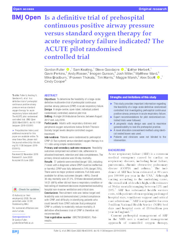 Is a definitive trial of prehospital continuous positive airway pressure versus standard oxygen therapy for acute respiratory failure indicated? The ACUTE pilot randomised controlled trial. Thumbnail