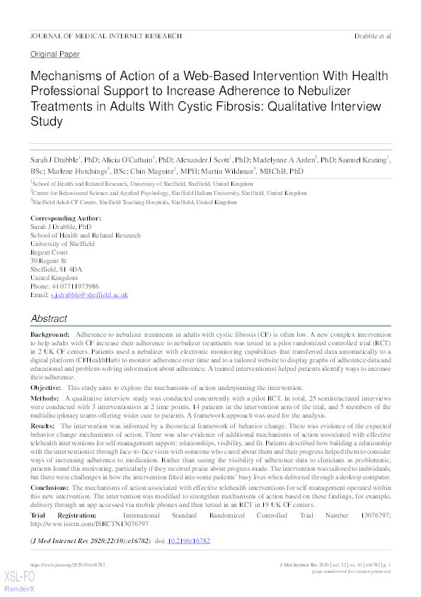 Mechanisms of Action of a Web-Based Intervention With Health Professional Support to Increase Adherence to Nebulizer Treatments in Adults With Cystic Fibrosis: Qualitative Interview Study. Thumbnail
