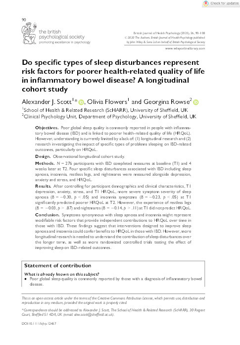 Do specific types of sleep disturbances represent risk factors for poorer health-related quality of life in inflammatory bowel disease? A longitudinal cohort study. Thumbnail