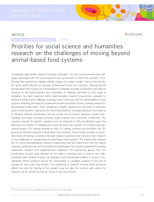 Priorities for social science and humanities research on the challenges of moving beyond animal-based food systems Thumbnail