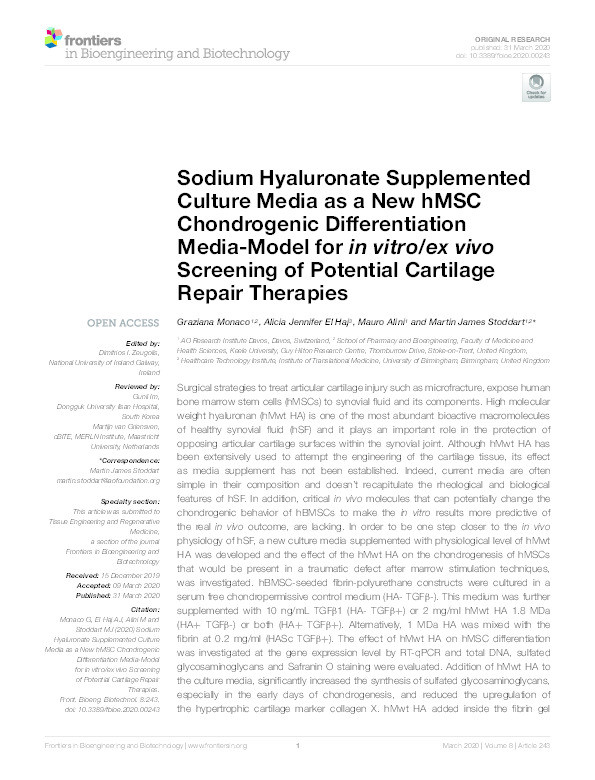 Sodium Hyaluronate Supplemented Culture Media as a New hMSC Chondrogenic Differentiation Media-Model for in vitro/ex vivo Screening of Potential Cartilage Repair Therapies. Thumbnail