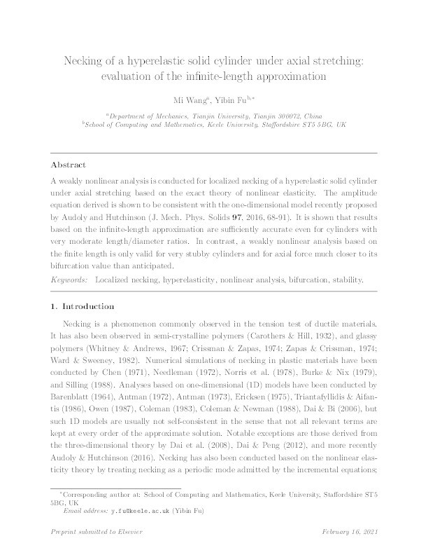 Necking of a hyperelastic solid cylinder under axial stretching: Evaluation of the infinite-length approximation Thumbnail