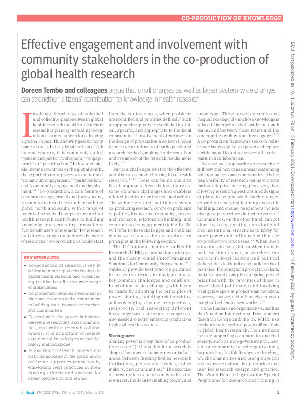 Effective engagement and involvement with community stakeholders in the co-production of global health research Thumbnail