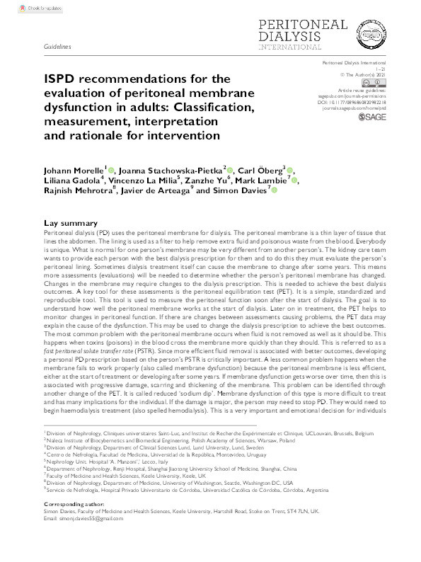 ISPD recommendations for the evaluation of peritoneal membrane dysfunction in adults: Classification, measurement, interpretation and rationale for intervention. Thumbnail